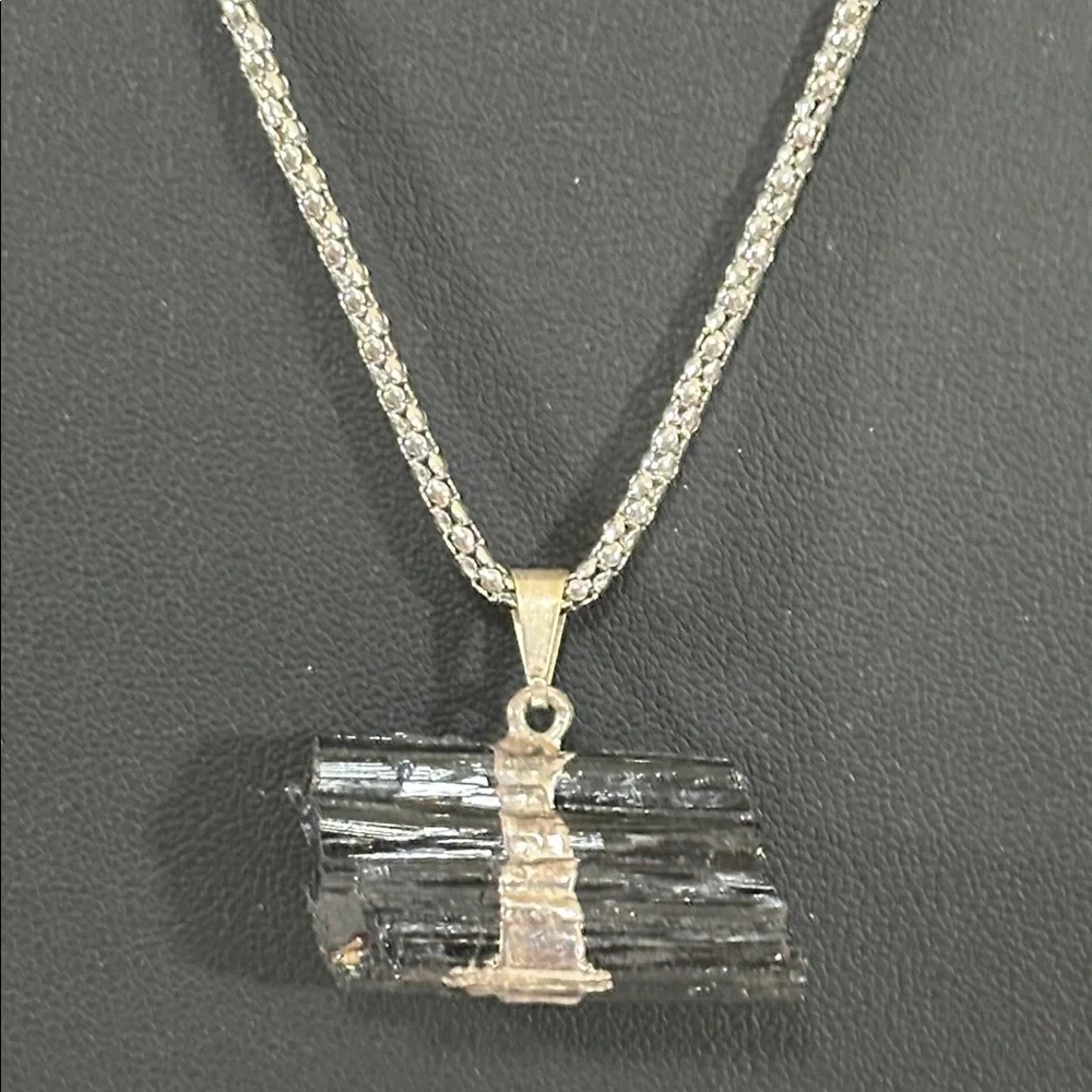 Raw Black Tourmaline Horizontal Pendant Necklace